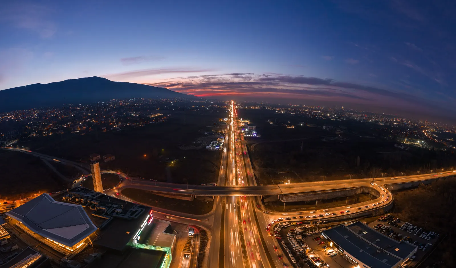 Sofia at dusk, with Vitosha behind the city