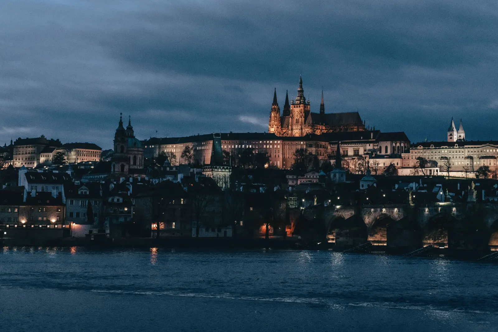 Prague Castle above the Vltava at night