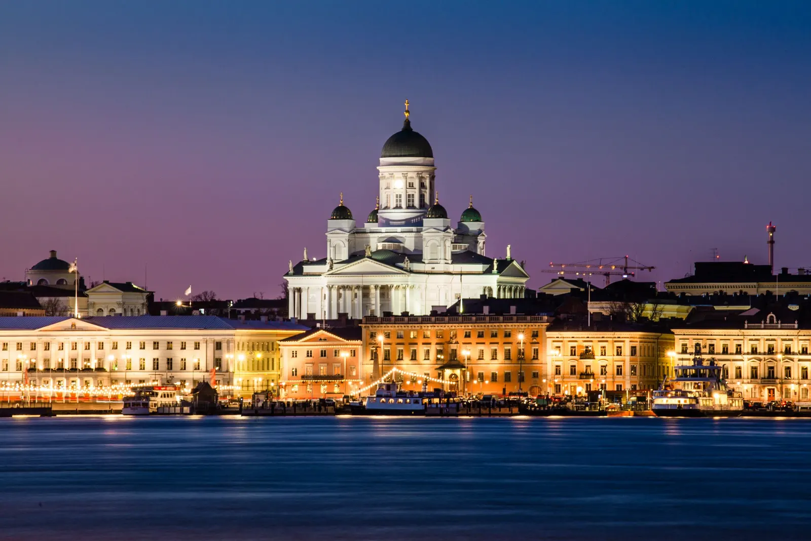 Helsinki at dusk, the cathedral above the South Harbour