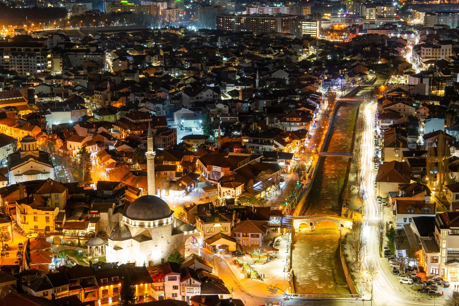 Prizren at night, the old town along the Bistrica river