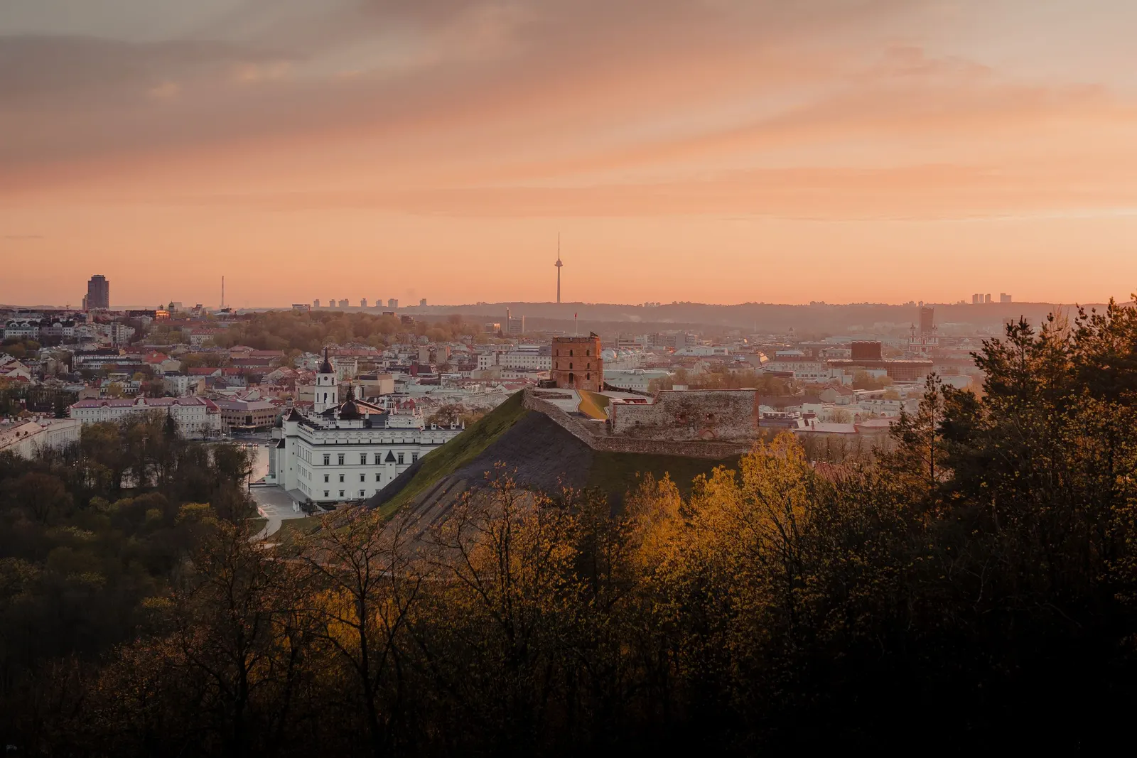 Vilnius at sunset, with Gediminas Tower above the old town