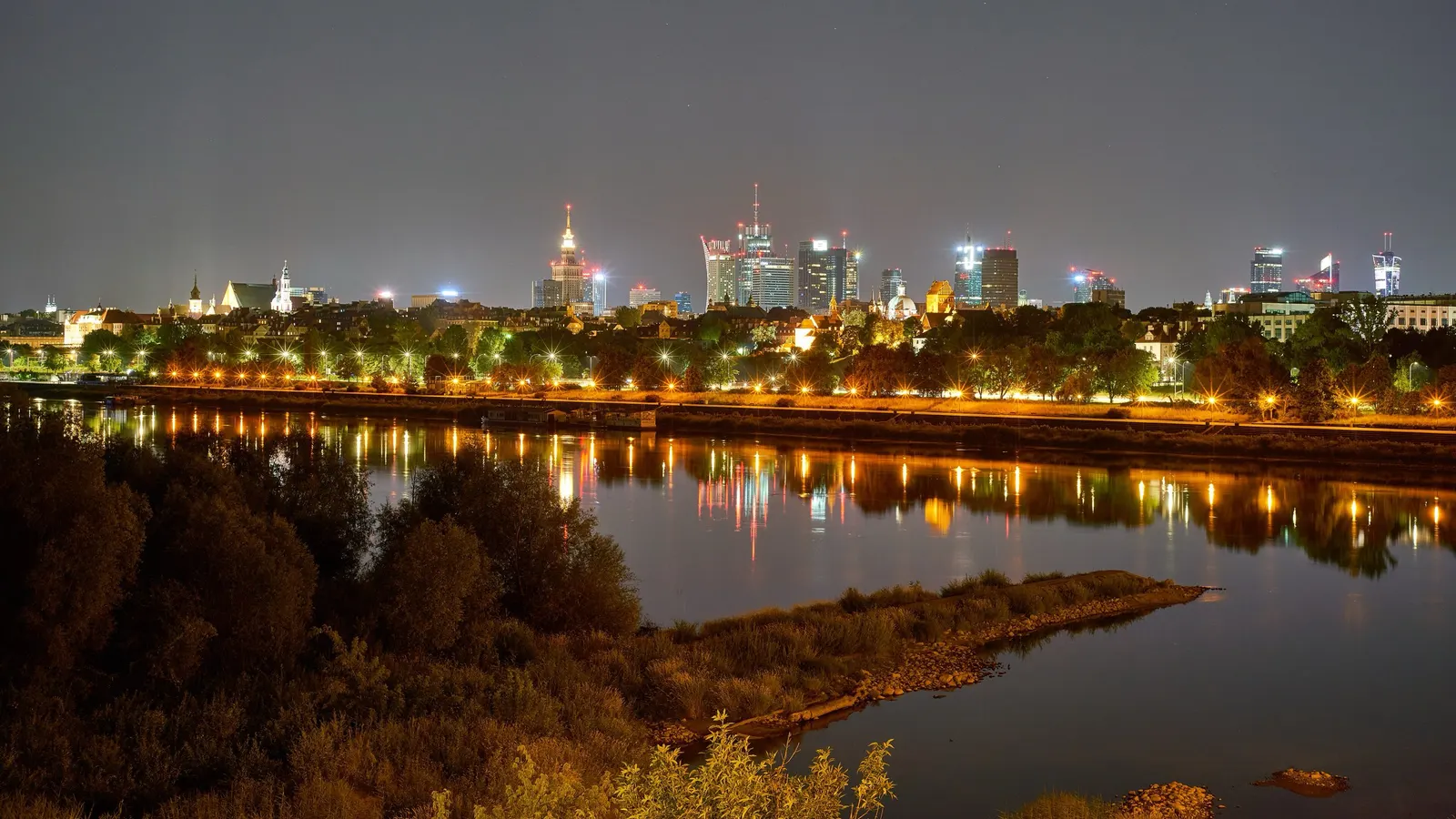Warsaw at night, the city centre seen across the Vistula