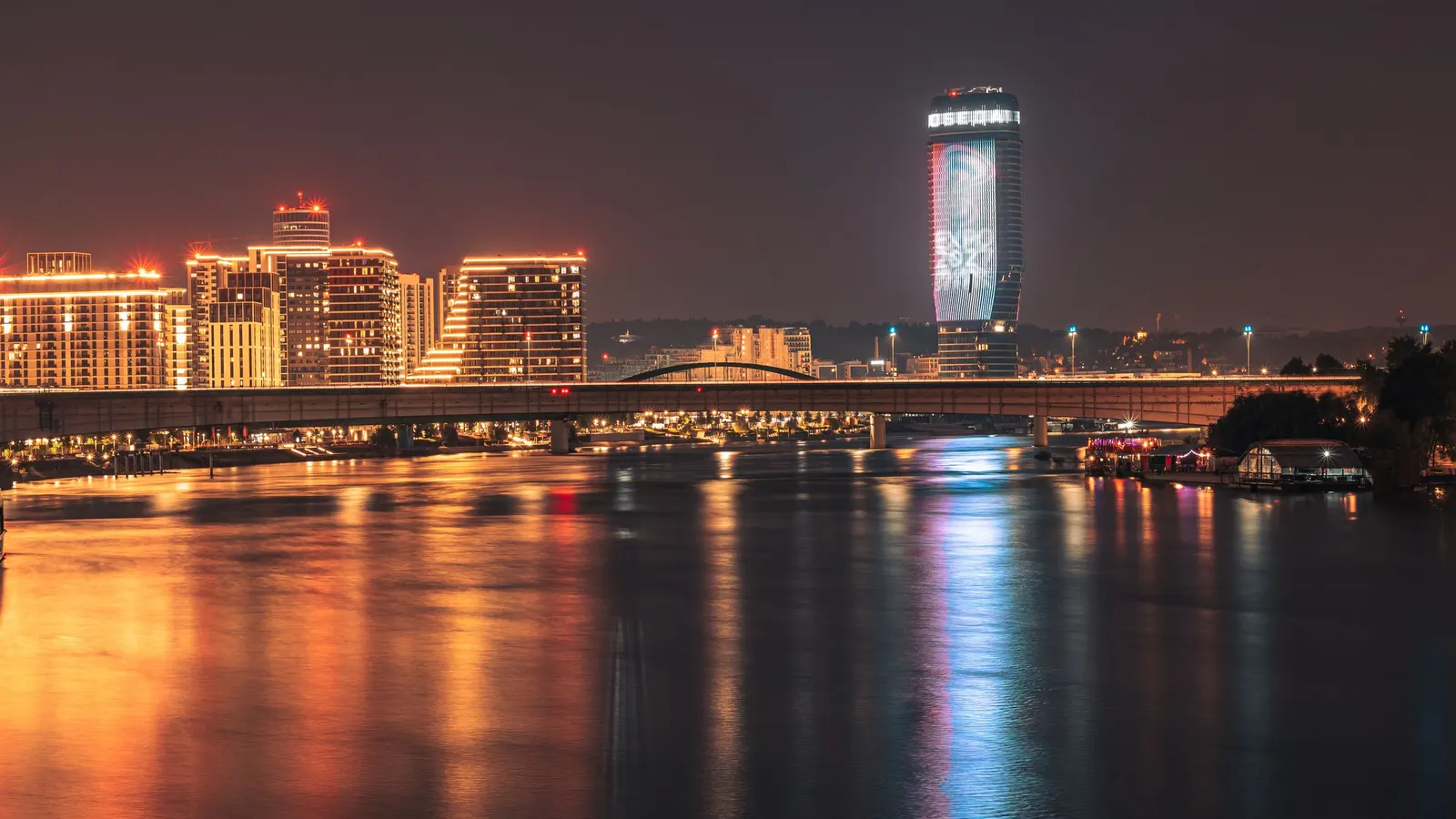 Belgrade at night, the Sava and its new riverside towers